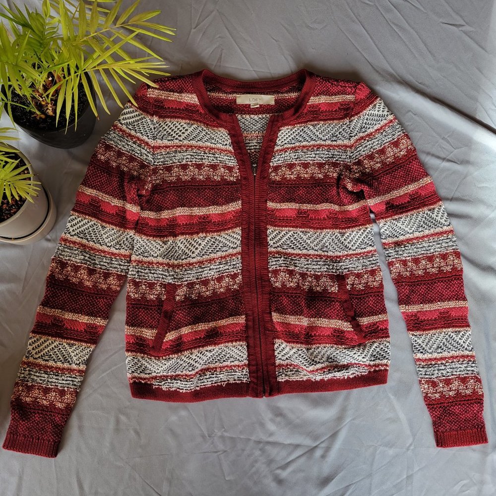 Loft red textured zip-up sweater